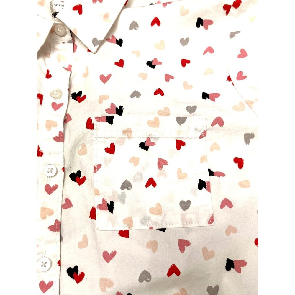 Christopher & Banks Petite Medium White Button Up Shirt Pink Red Heart Print Top - Picture 9 of 10